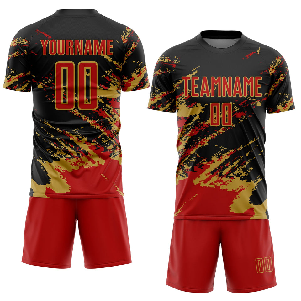 Custom Black Red-Old Gold Abstract Fragment Art Splash Sports Sublimation Soccer Uniform Jersey