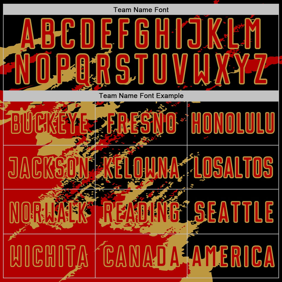 Custom Black Red-Old Gold Abstract Fragment Art Splash Sports Sublimation Soccer Uniform Jersey