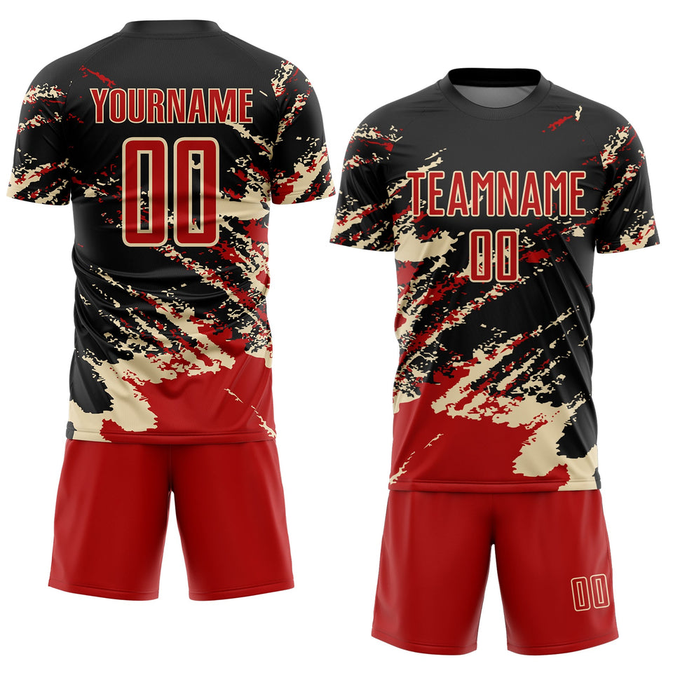 Custom Black Red-Cream Abstract Fragment Art Splash Sports Sublimation Soccer Uniform Jersey