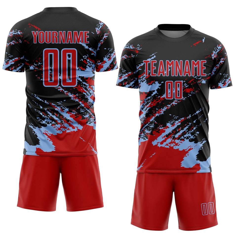 Custom Black Red-Light Blue Abstract Fragment Art Splash Sports Sublimation Soccer Uniform Jersey