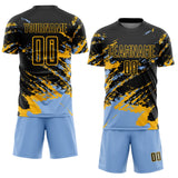 Custom Black Light Blue-Gold Abstract Fragment Art Splash Sports Sublimation Soccer Uniform Jersey