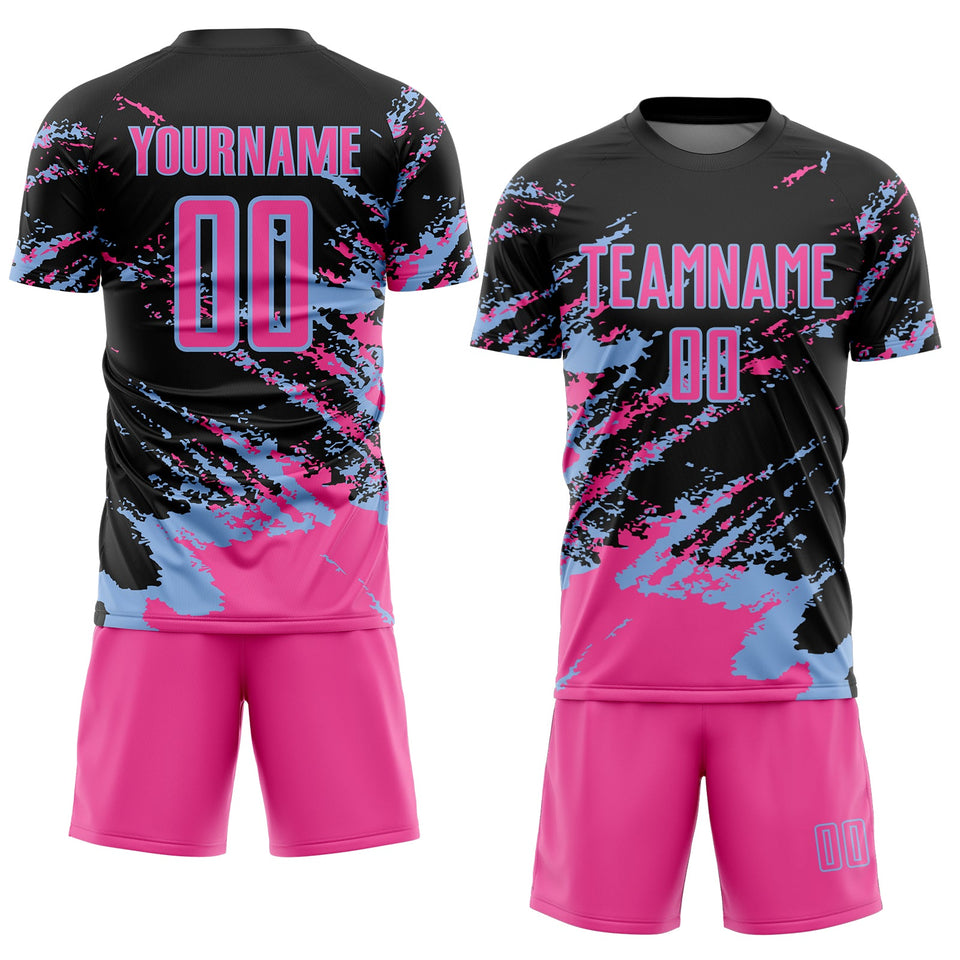 Custom Black Pink-Light Blue Abstract Fragment Art Splash Sports Sublimation Soccer Uniform Jersey