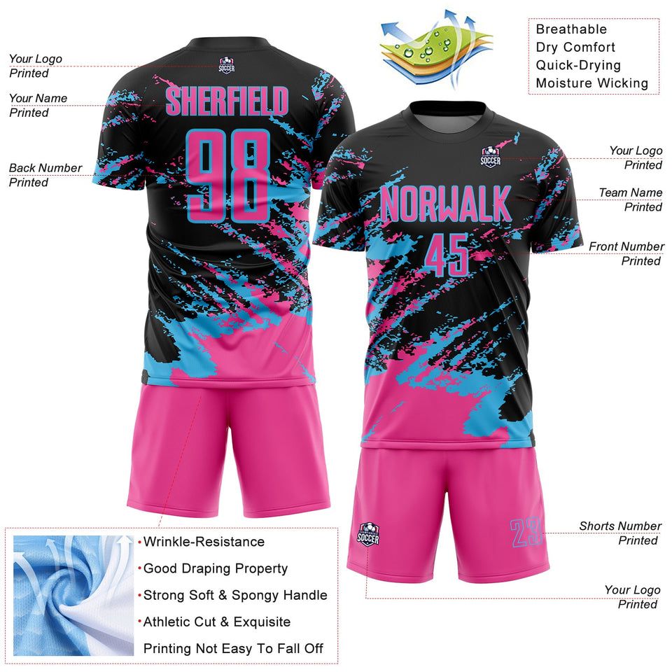 Custom Black Pink-Sky Blue Abstract Fragment Art Splash Sports Sublimation Soccer Uniform Jersey