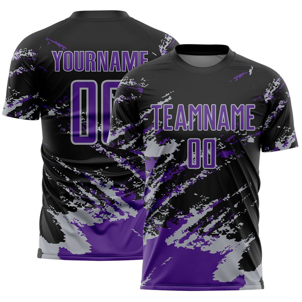Custom Black Purple-Gray Abstract Fragment Art Splash Sports Sublimation Soccer Uniform Jersey
