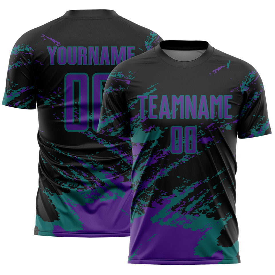 Custom Black Purple-Teal Abstract Fragment Art Splash Sports Sublimation Soccer Uniform Jersey
