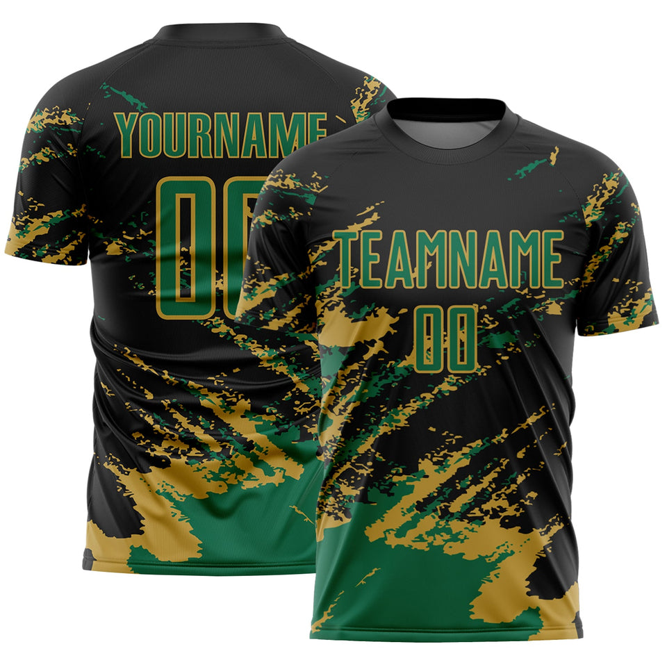 Custom Black Kelly Green-Old Gold Abstract Fragment Art Splash Sports Sublimation Soccer Uniform Jersey