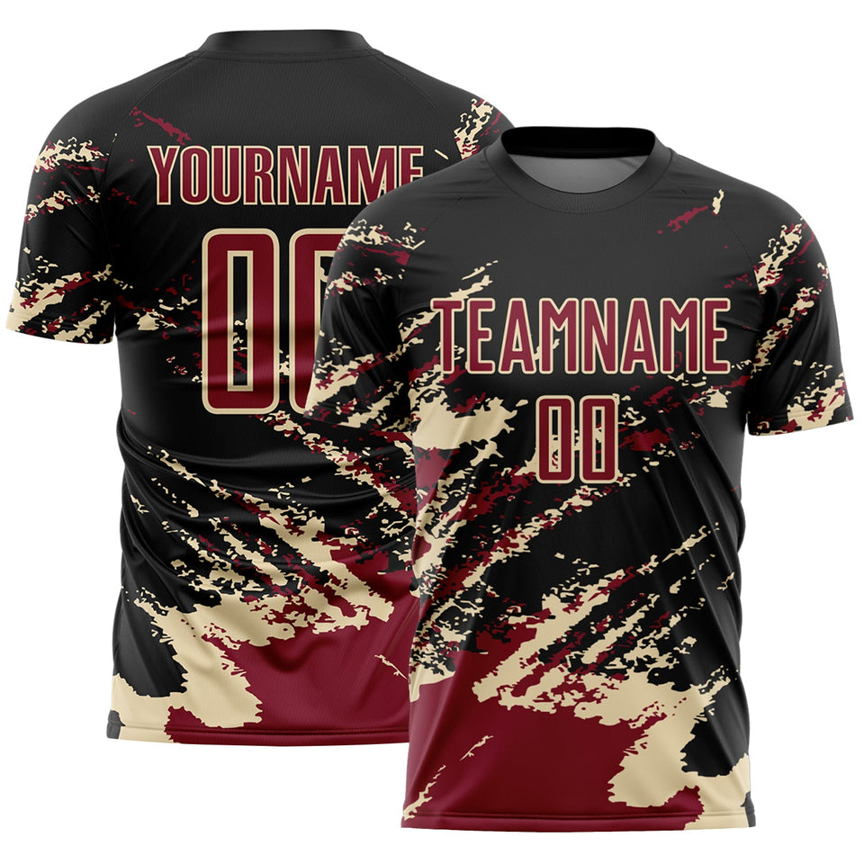 Custom Black Crimson-Cream Abstract Fragment Art Splash Sports Sublimation Soccer Uniform Jersey