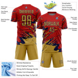 Custom Red Old Gold-Navy Abstract Fragment Art Splash Sports Sublimation Soccer Uniform Jersey