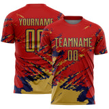 Custom Red Old Gold-Navy Abstract Fragment Art Splash Sports Sublimation Soccer Uniform Jersey