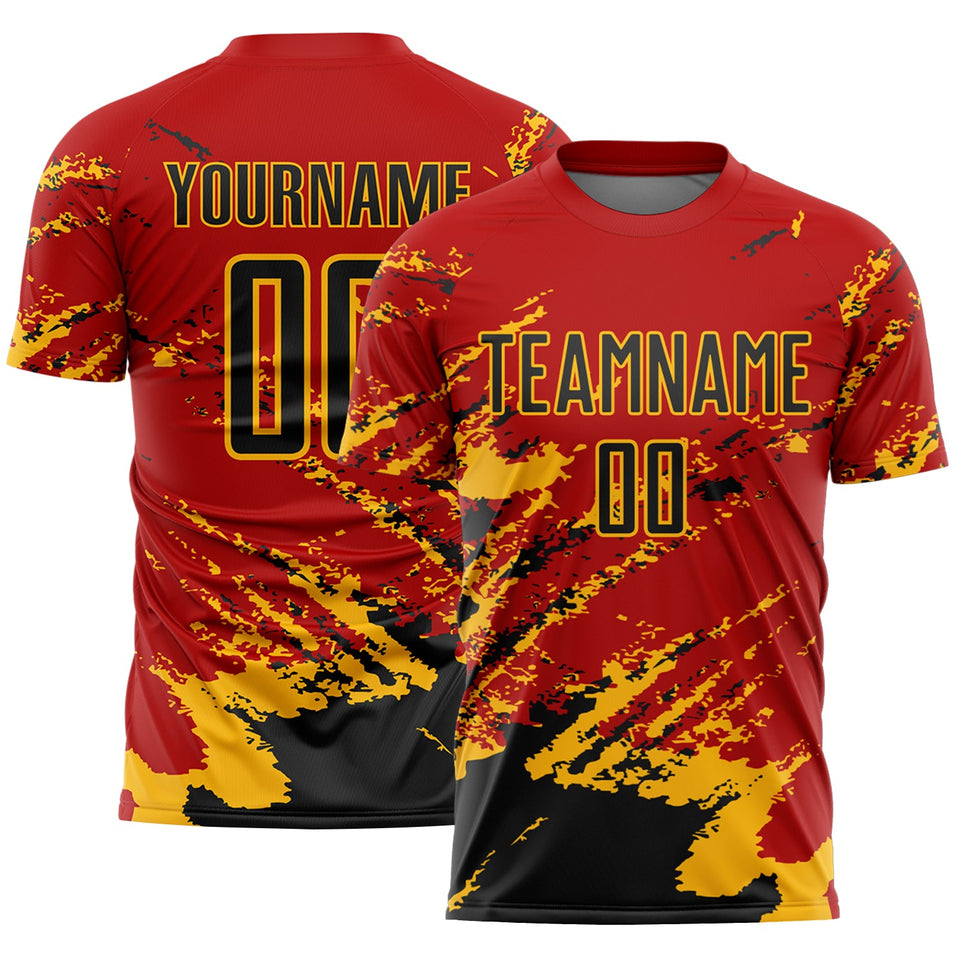 Custom Red Black-Gold Abstract Fragment Art Splash Sports Sublimation Soccer Uniform Jersey