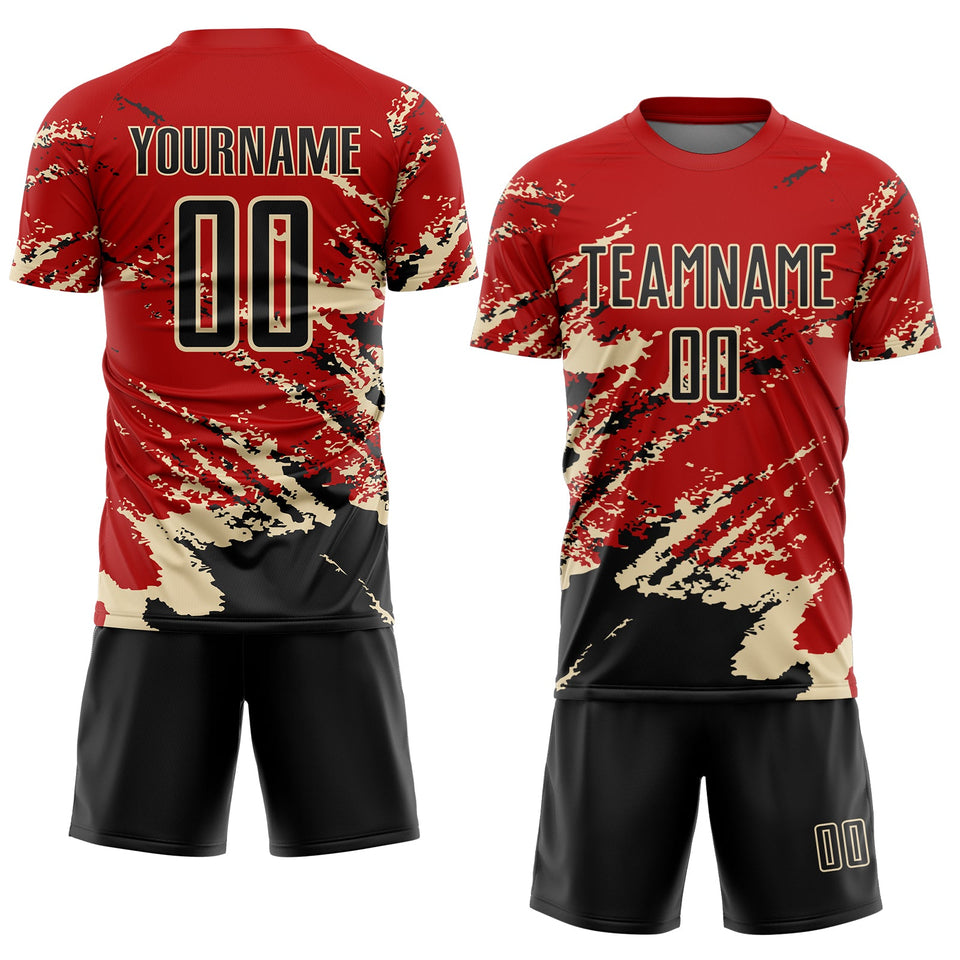 Custom Red Black-Cream Abstract Fragment Art Splash Sports Sublimation Soccer Uniform Jersey