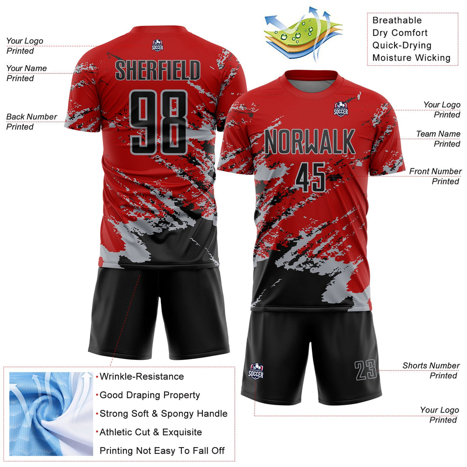 Custom Red Black-Gray Abstract Fragment Art Splash Sports Sublimation Soccer Uniform Jersey
