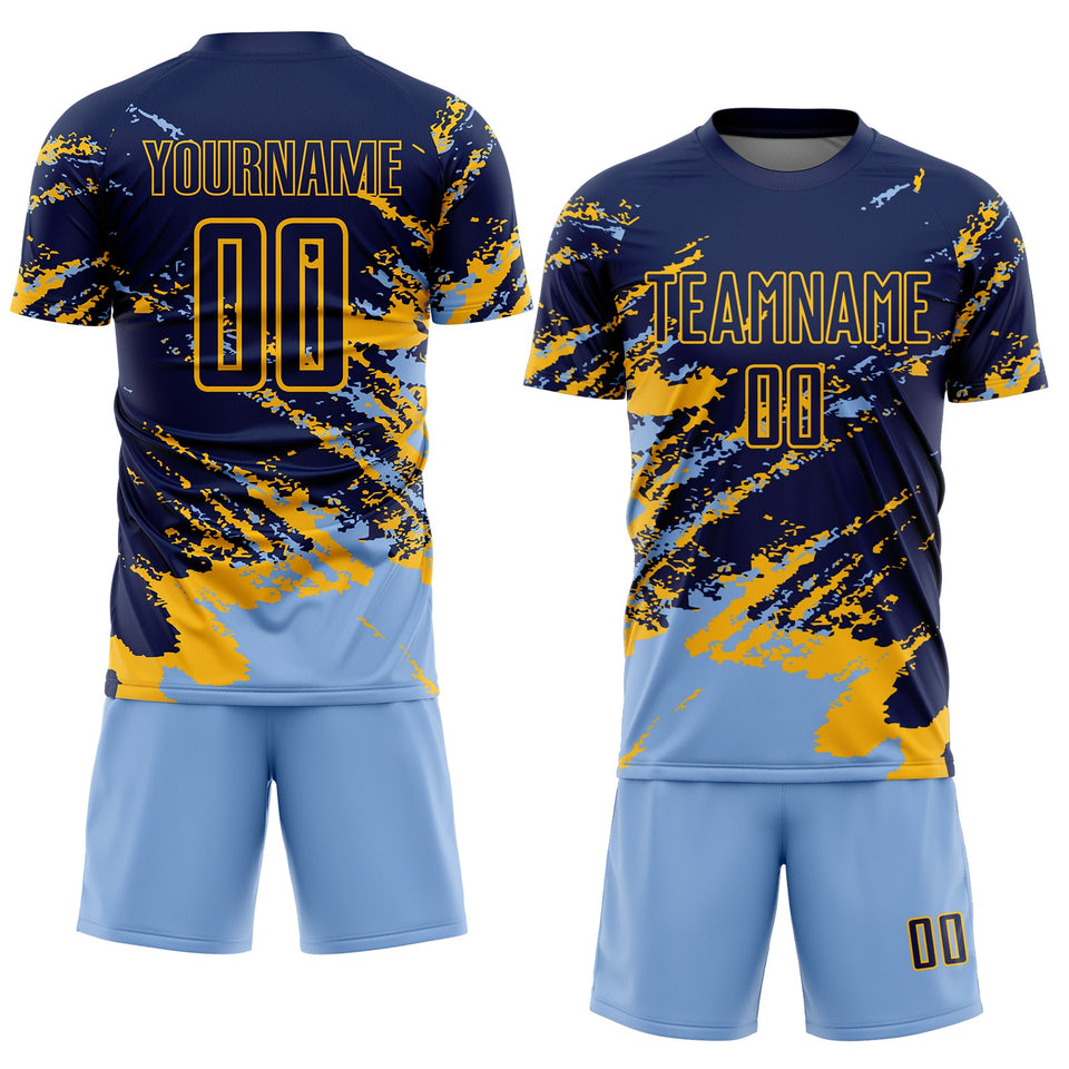 Custom Navy Light Blue-Gold Abstract Fragment Art Splash Sports Sublimation Soccer Uniform Jersey