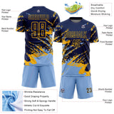 Custom Navy Light Blue-Gold Abstract Fragment Art Splash Sports Sublimation Soccer Uniform Jersey