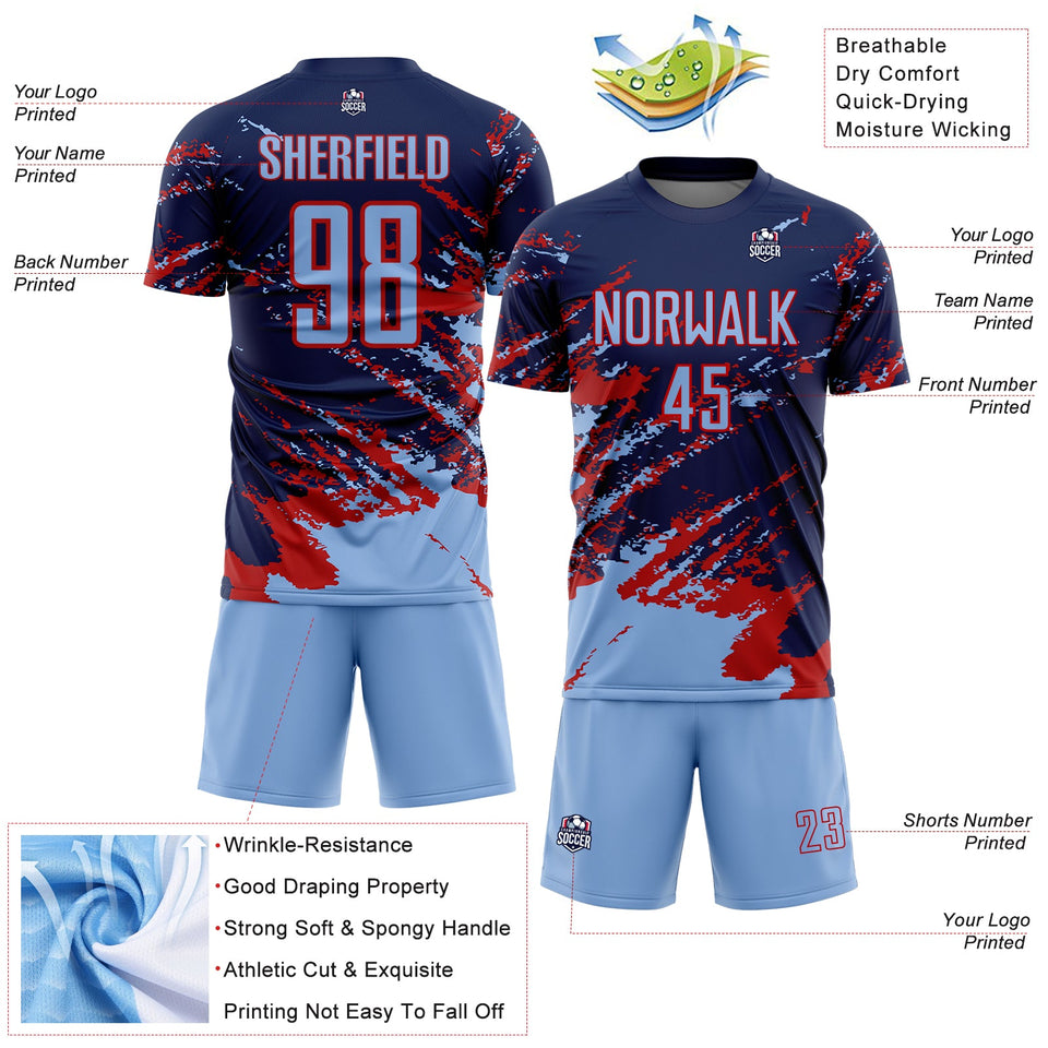 Custom Navy Light Blue-Red Abstract Fragment Art Splash Sports Sublimation Soccer Uniform Jersey