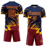 Custom Navy Crimson-Gold Abstract Fragment Art Splash Sports Sublimation Soccer Uniform Jersey