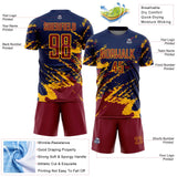 Custom Navy Crimson-Gold Abstract Fragment Art Splash Sports Sublimation Soccer Uniform Jersey