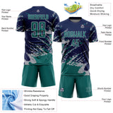 Custom Navy Teal-Gray Abstract Fragment Art Splash Sports Sublimation Soccer Uniform Jersey