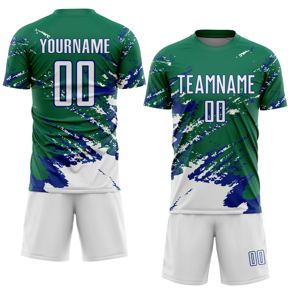 Custom Kelly Green White-Royal Abstract Fragment Art Splash Sports Sublimation Soccer Uniform Jersey