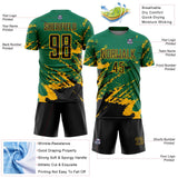 Custom Kelly Green Black-Gold Abstract Fragment Art Splash Sports Sublimation Soccer Uniform Jersey