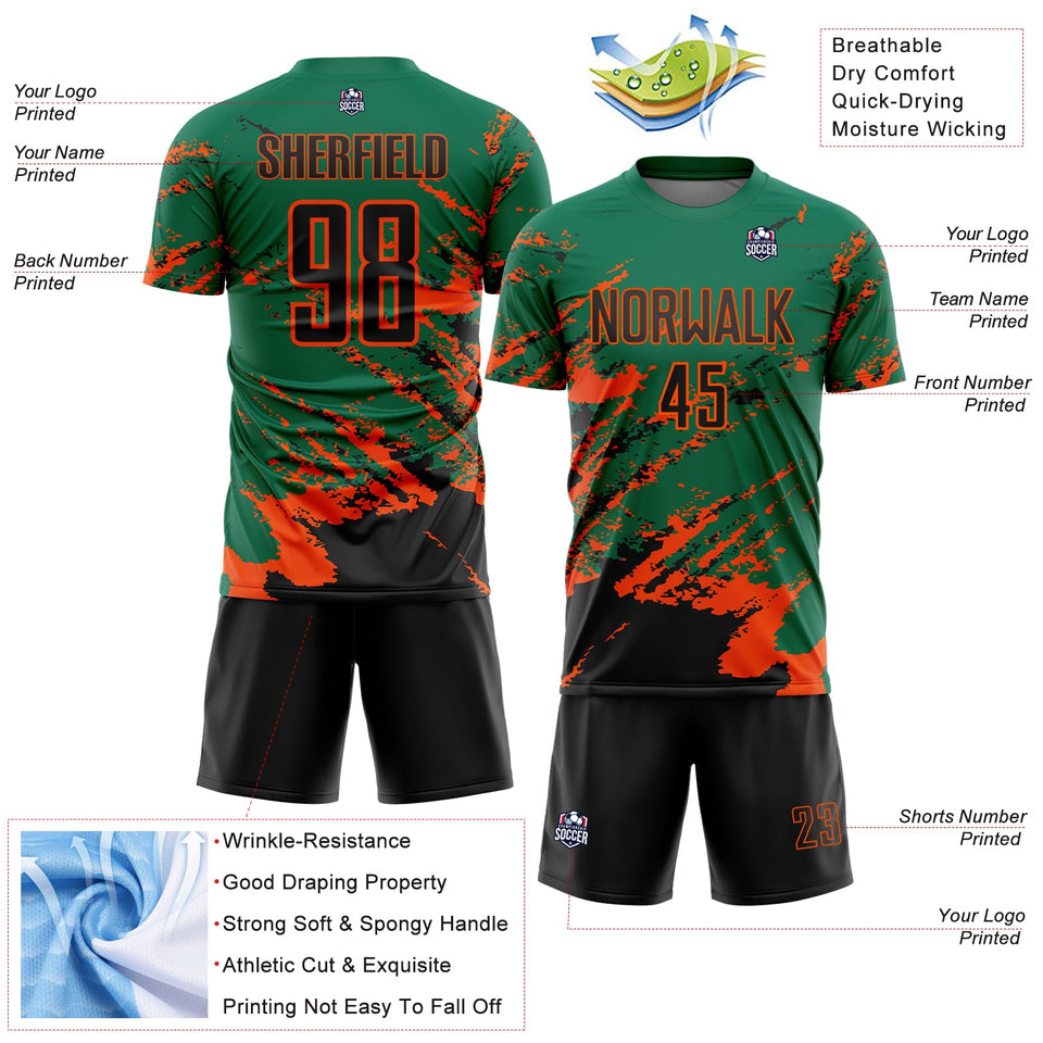 Custom Kelly Green Black-Orange Abstract Fragment Art Splash Sports Sublimation Soccer Uniform Jersey