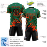 Custom Kelly Green Black-Orange Abstract Fragment Art Splash Sports Sublimation Soccer Uniform Jersey