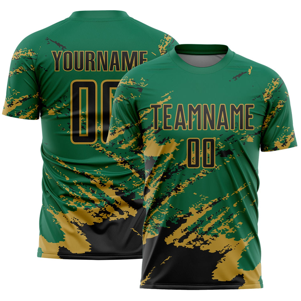 Custom Kelly Green Black-Old Gold Abstract Fragment Art Splash Sports Sublimation Soccer Uniform Jersey