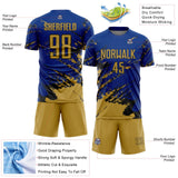Custom Royal Old Gold-Black Abstract Fragment Art Splash Sports Sublimation Soccer Uniform Jersey