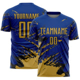 Custom Royal Old Gold-Black Abstract Fragment Art Splash Sports Sublimation Soccer Uniform Jersey