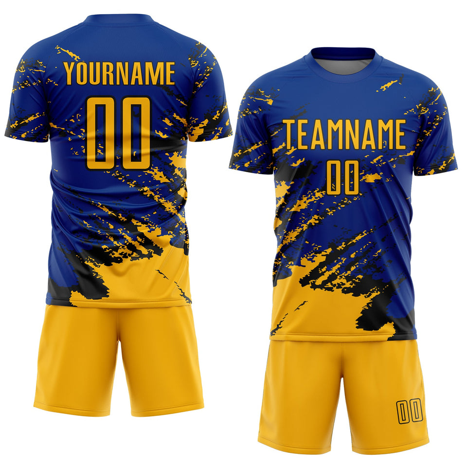 Custom Royal Gold-Black Abstract Fragment Art Splash Sports Sublimation Soccer Uniform Jersey