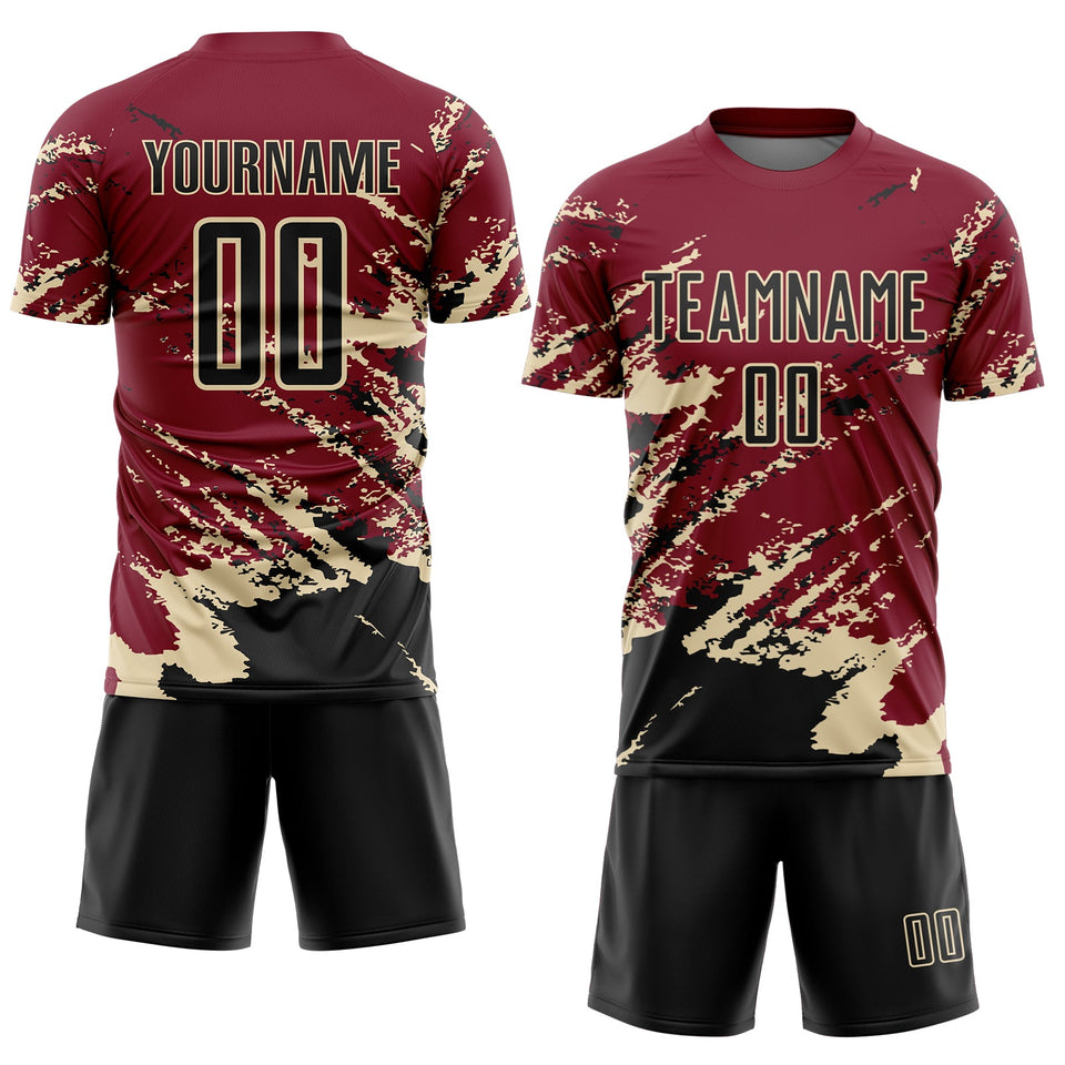 Custom Crimson Black-Cream Abstract Fragment Art Splash Sports Sublimation Soccer Uniform Jersey