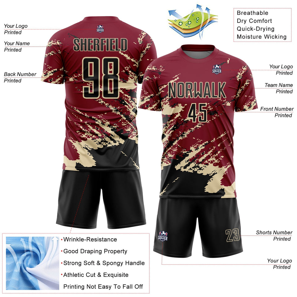 Custom Crimson Black-Cream Abstract Fragment Art Splash Sports Sublimation Soccer Uniform Jersey