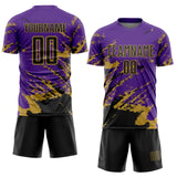Custom Purple Black-Old Gold Abstract Fragment Art Splash Sports Sublimation Soccer Uniform Jersey